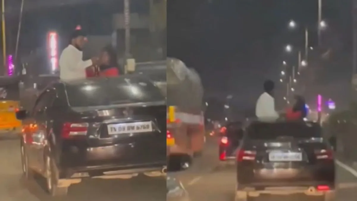 Chennai: Law Student and Girlfriend Arrested After Viral Video Shows Them Drinking Alcohol Through Sunroof of Moving Car