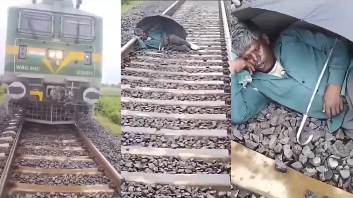 Man Calmly Sleeps on Railway Track with Umbrella