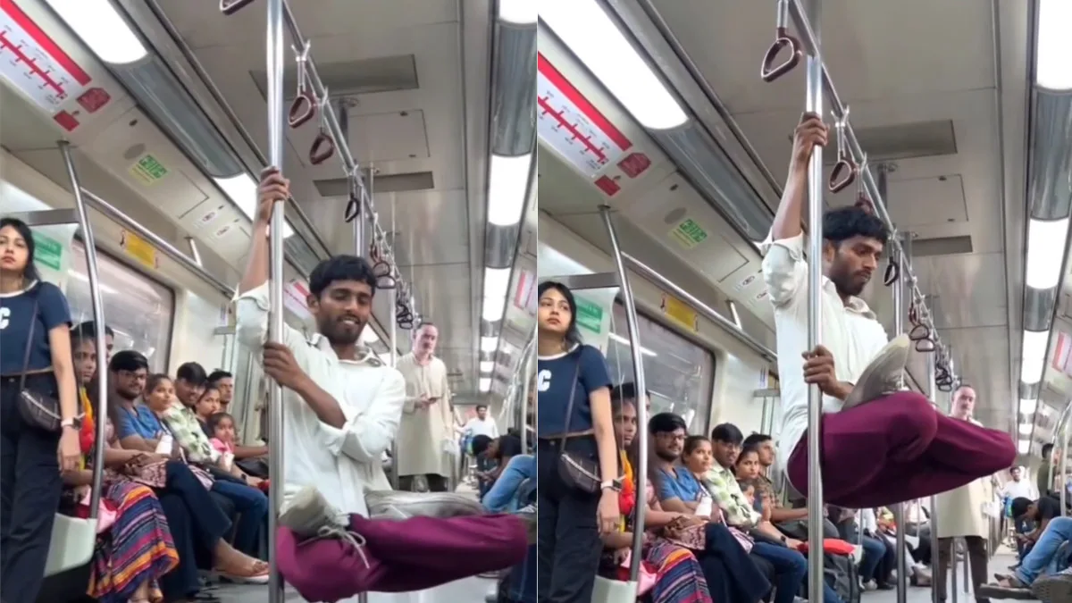 Man's Pole Stunt in Crowded Delhi Metro