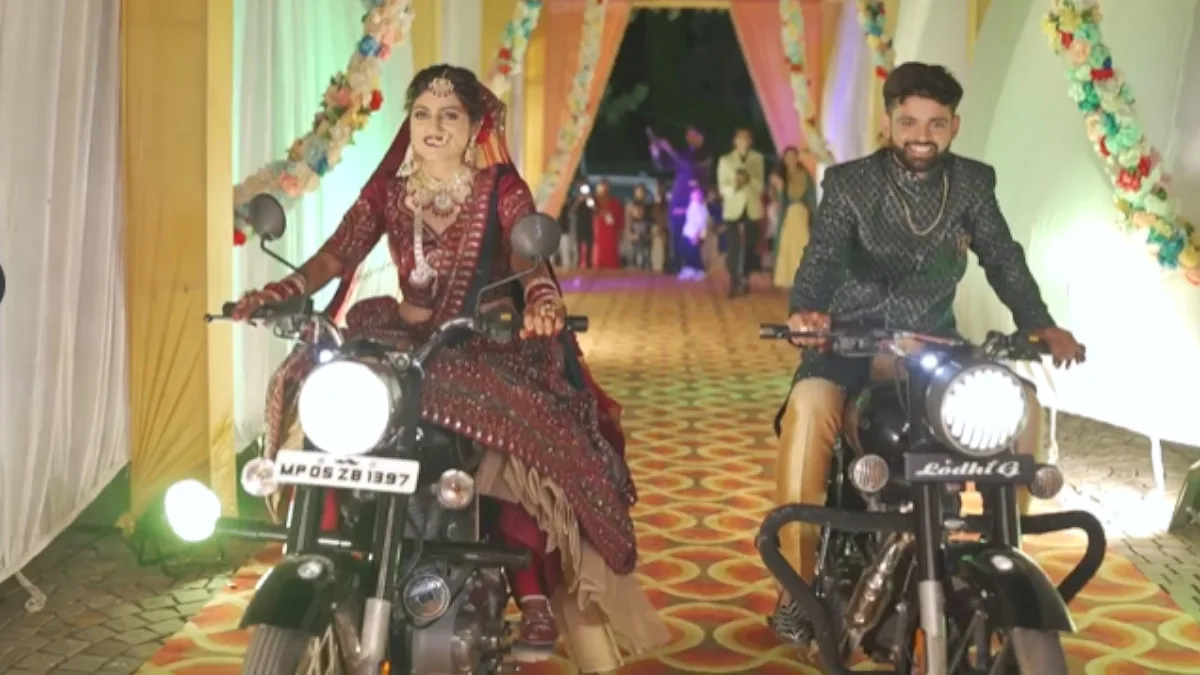 Bride and Groom Enter Wedding Hall on Bullet Bikes